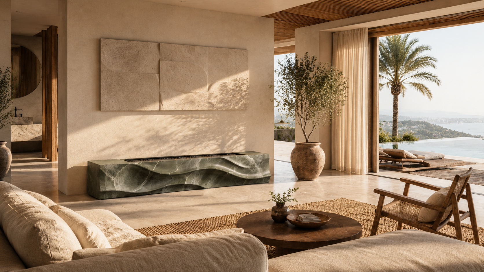 Silvara green marble fireplace by 1-OPH in a Dubai terrace setting