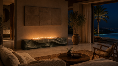 Silvara green marble fireplace by 1-OPH lit at night
