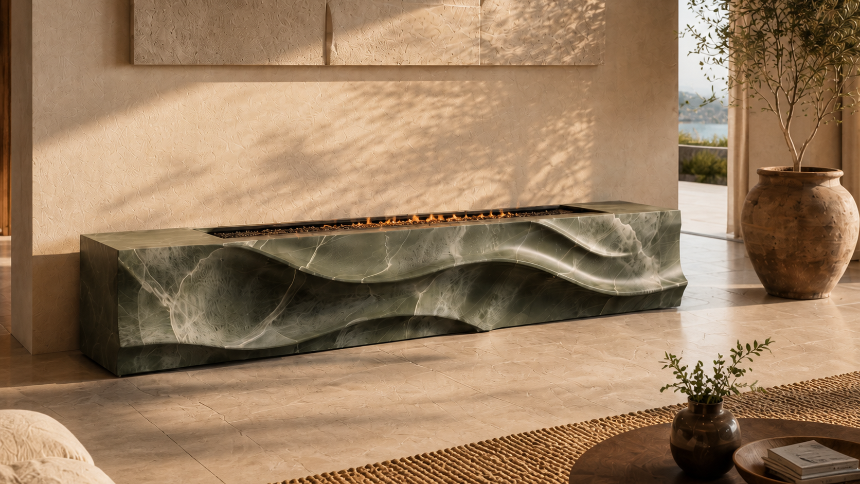 Silvara green marble fireplace by 1-OPH close detail of the lit burner