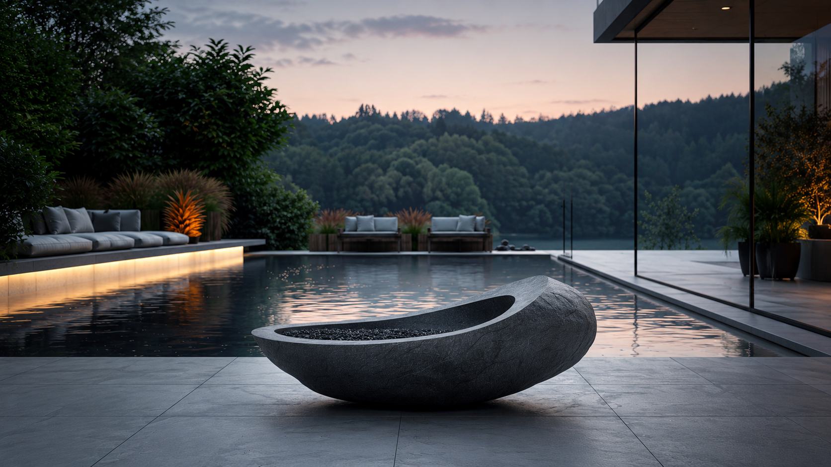 Carbena black stone fireplace by 1-OPH in a Dubai terrace setting