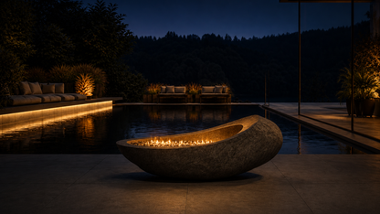 Carbena black stone fireplace by 1-OPH lit at night