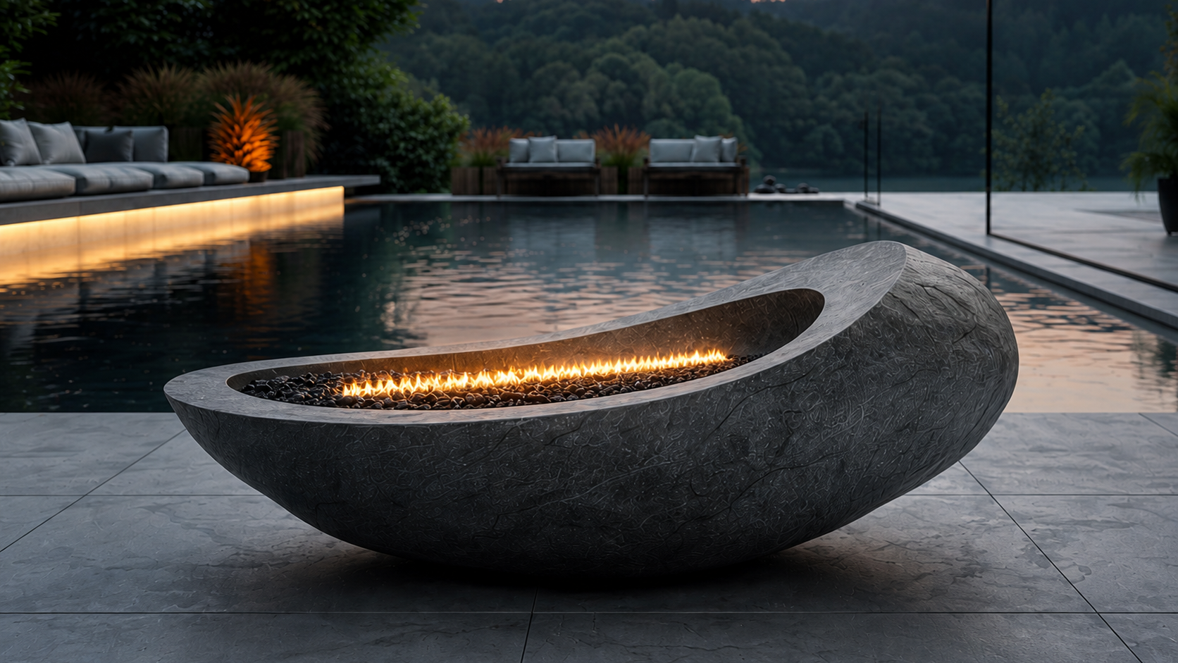 Carbena black stone fireplace by 1-OPH close detail of the lit burner