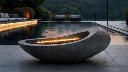 Carbena black stone fireplace by 1-OPH close detail of the lit burner