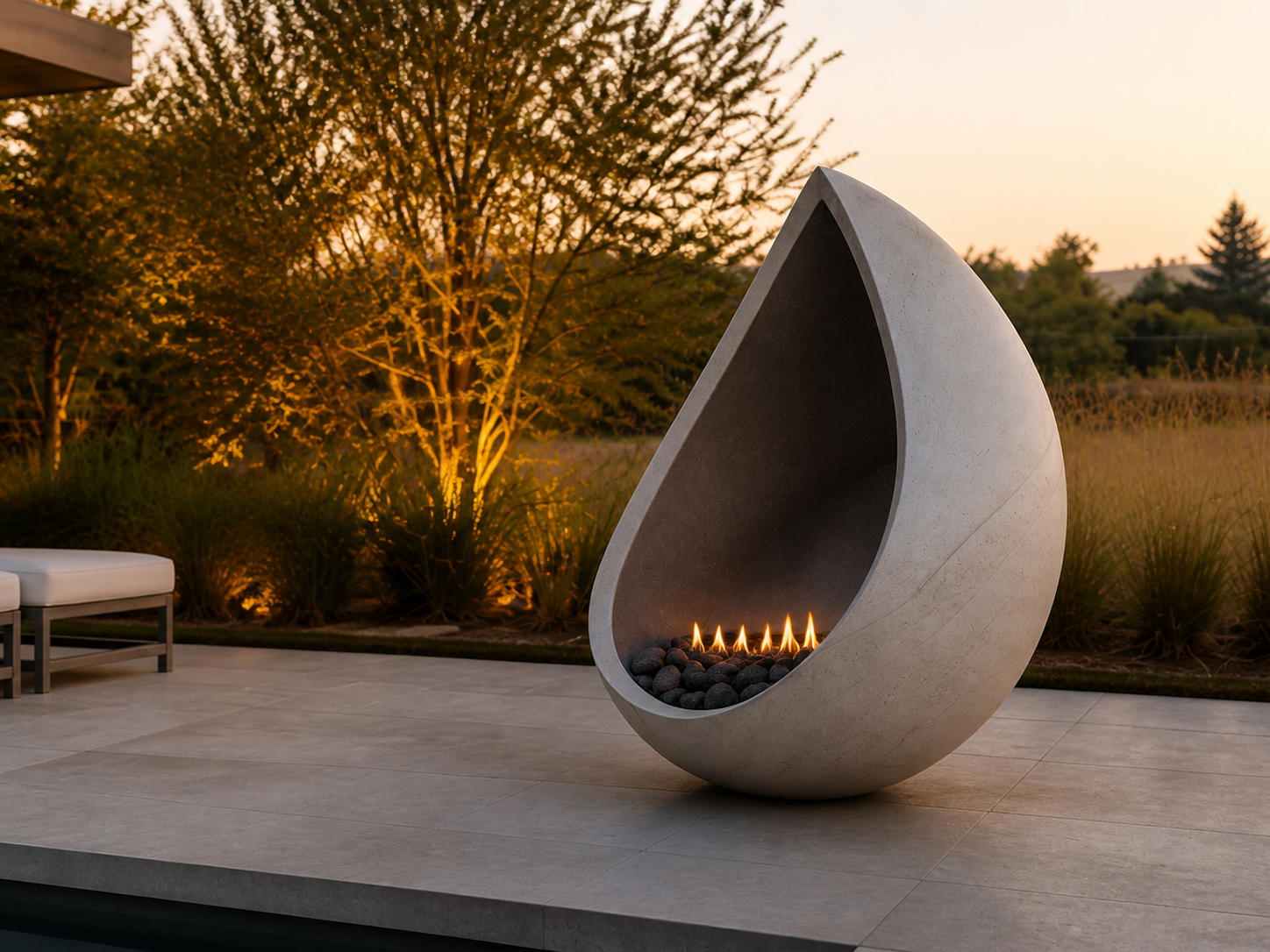 Vespera white stone fireplace by 1-OPH close detail of the lit burner