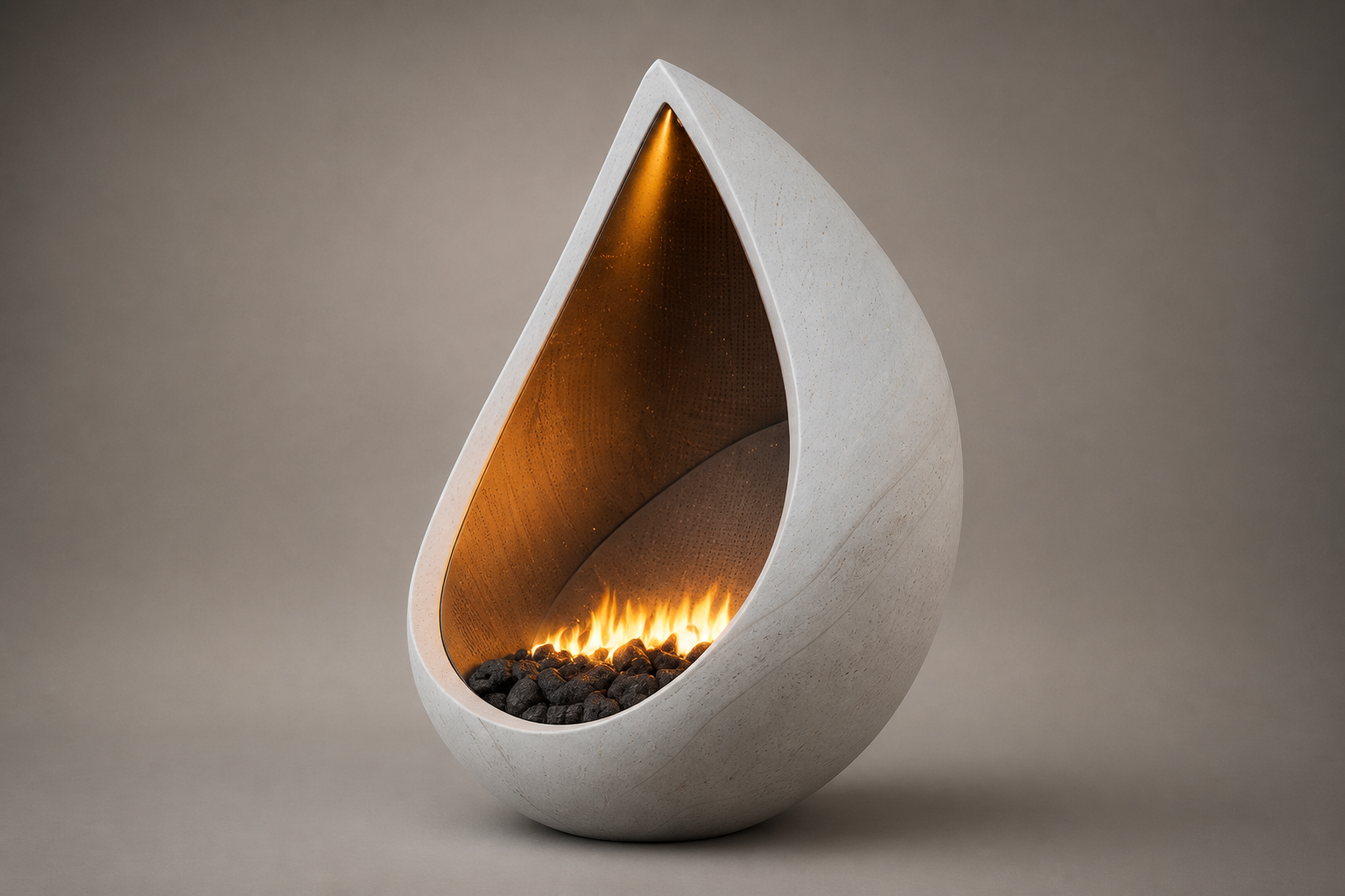 Vespera white stone fireplace by 1-OPH studio view