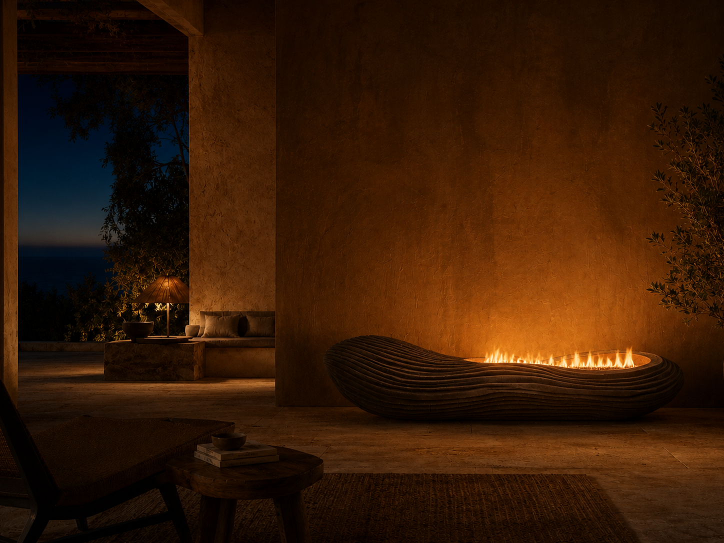 Scorena black marble fireplace by 1-OPH lit at night