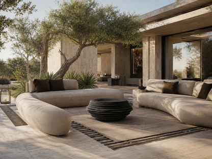 Caldera black stone fireplace by 1-OPH in a Dubai terrace setting