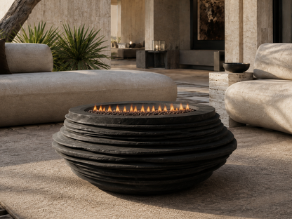 Caldera black stone fireplace by 1-OPH close detail of the lit burner