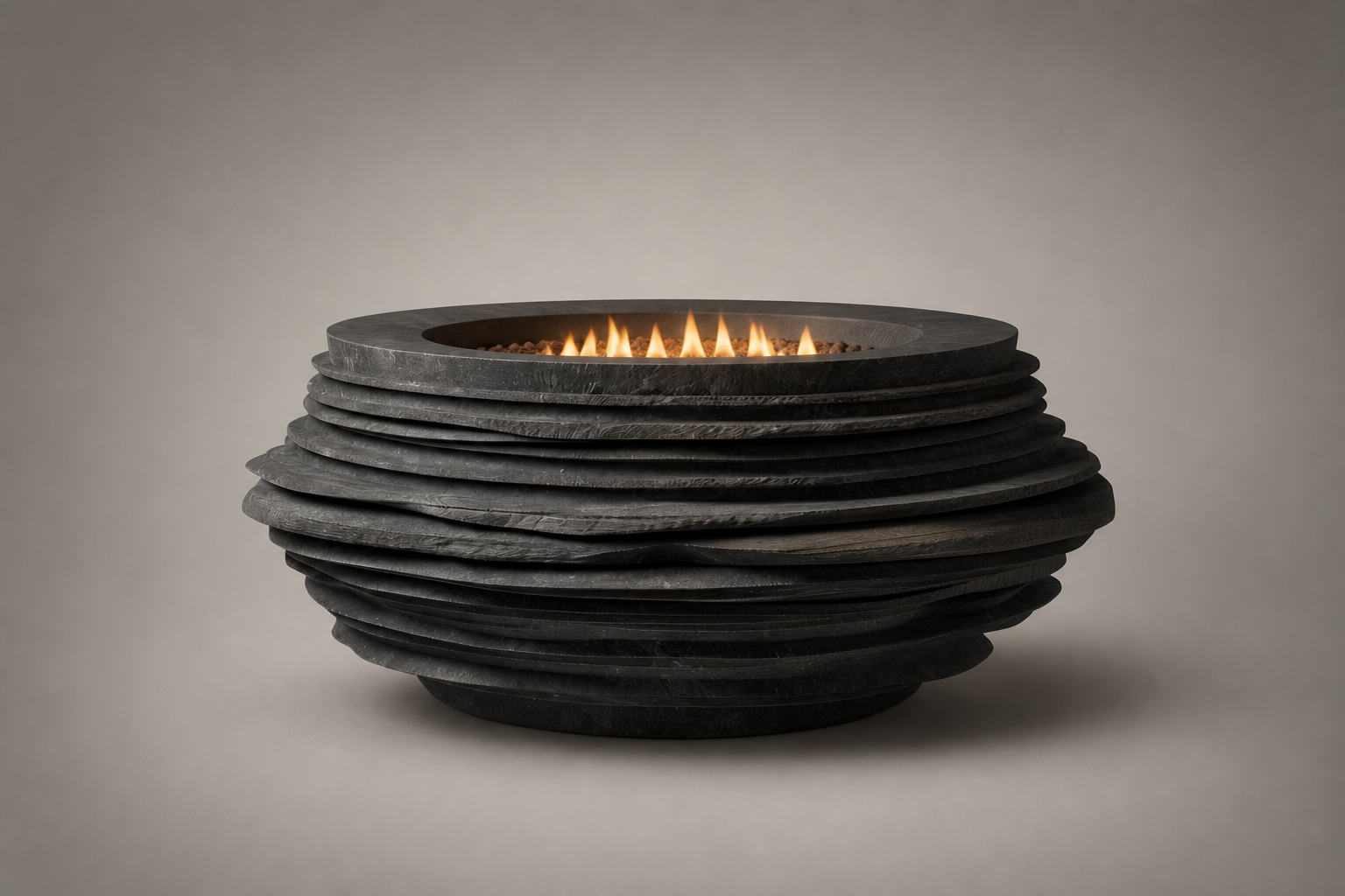 Caldera black stone fireplace by 1-OPH studio view