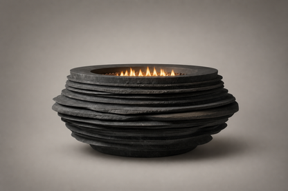 Caldera black stone fireplace by 1-OPH studio view
