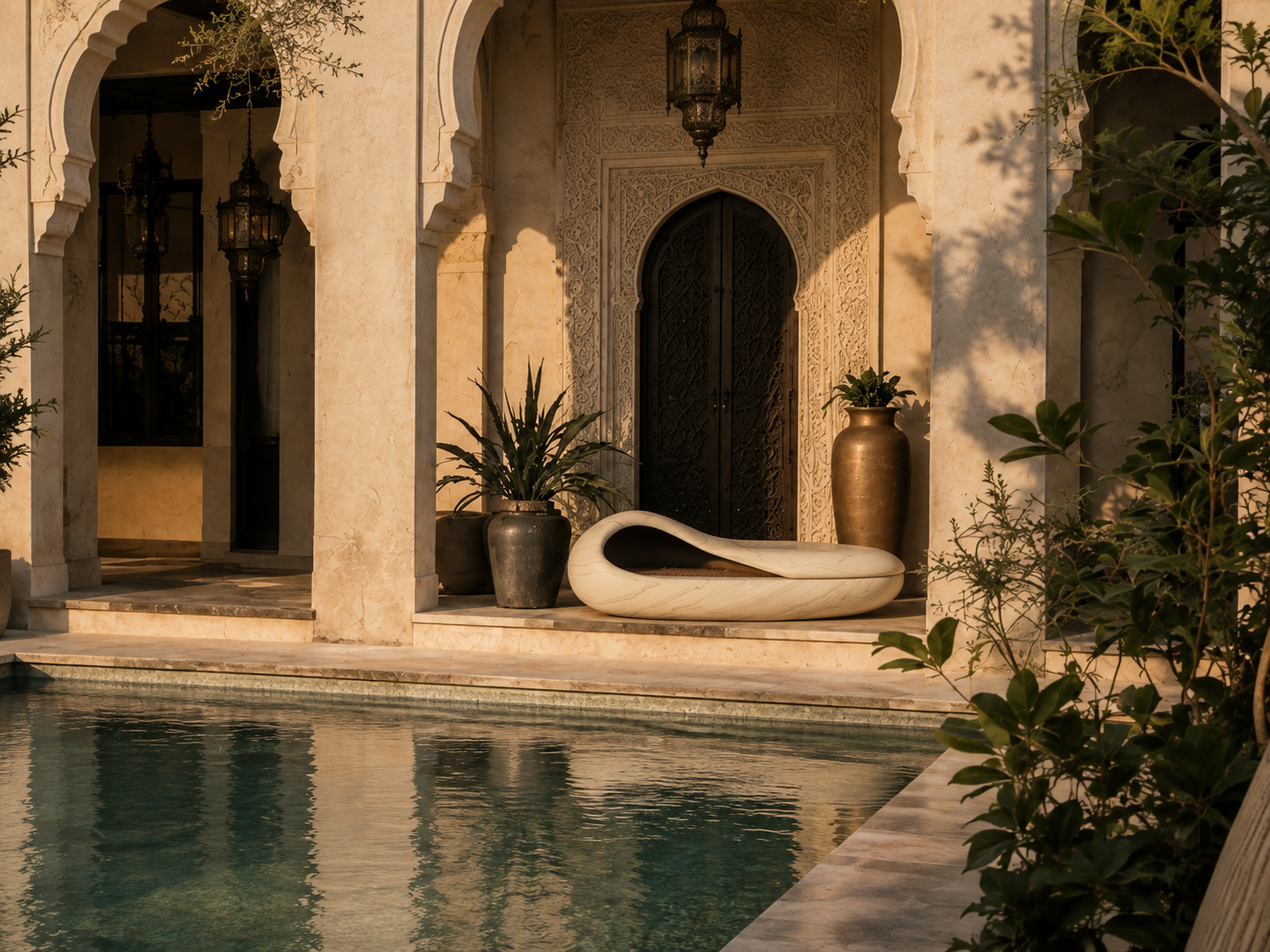 Grottara white marble fireplace by 1-OPH in a Dubai terrace setting