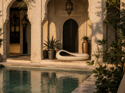 Grottara white marble fireplace by 1-OPH in a Dubai terrace setting