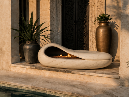 Grottara white marble fireplace by 1-OPH close detail of the lit burner