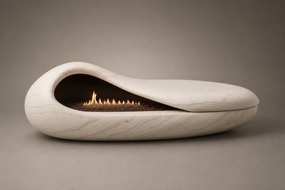 Grottara white marble fireplace by 1-OPH studio view