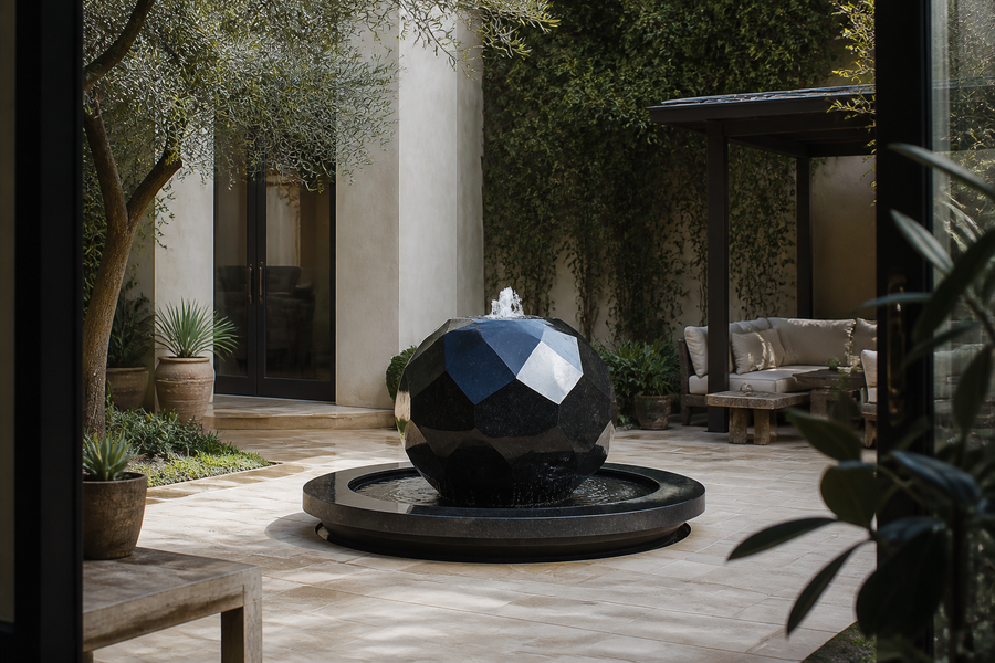 Miaplac stone sphere fountain, installed against a stone wall in a daylit room