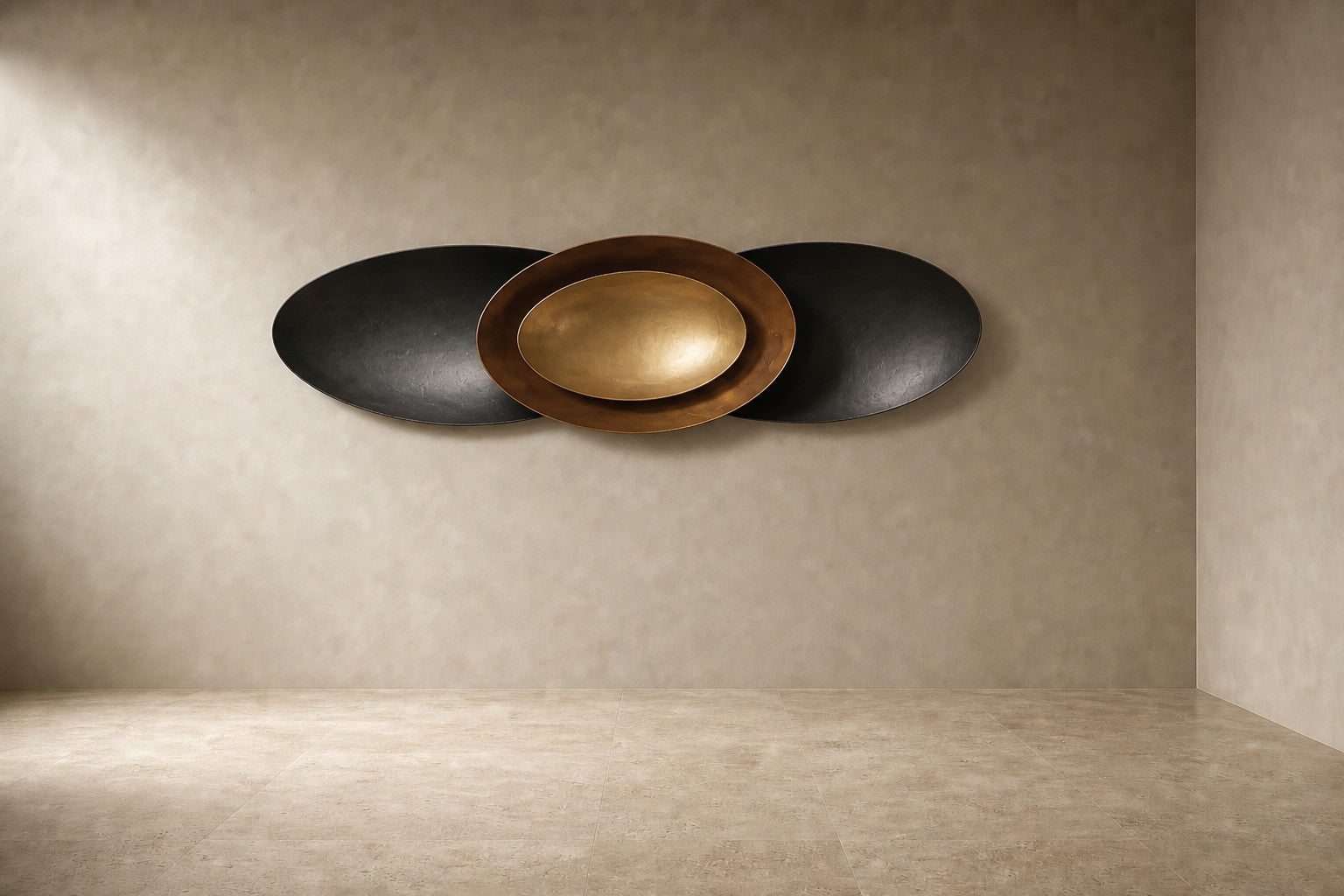Gunmetal steel wall sculpture Asse, slender rods bundled along a single horizontal spine, on a plaster wall.