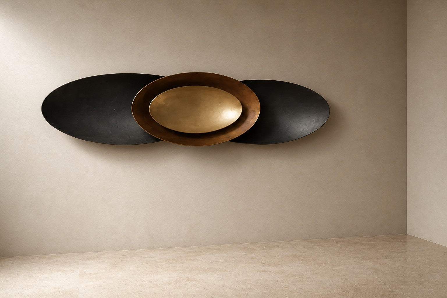 Gunmetal steel wall sculpture Asse, slender rods bundled along a single horizontal spine, on a plaster wall.