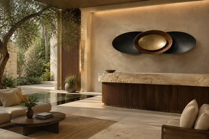 Gunmetal steel wall sculpture Asse, slender rods bundled along a single horizontal spine, on a plaster wall.