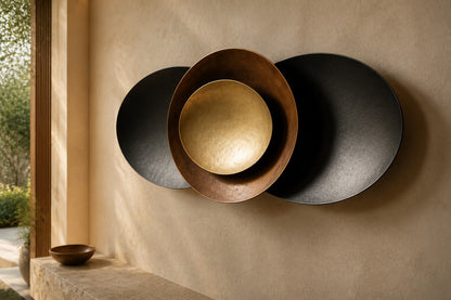 Gunmetal steel wall sculpture Asse, slender rods bundled along a single horizontal spine, on a plaster wall.