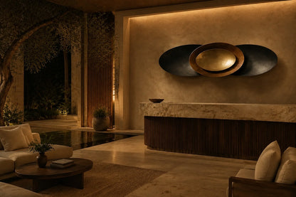 Gunmetal steel wall sculpture Asse, slender rods bundled along a single horizontal spine, on a plaster wall.