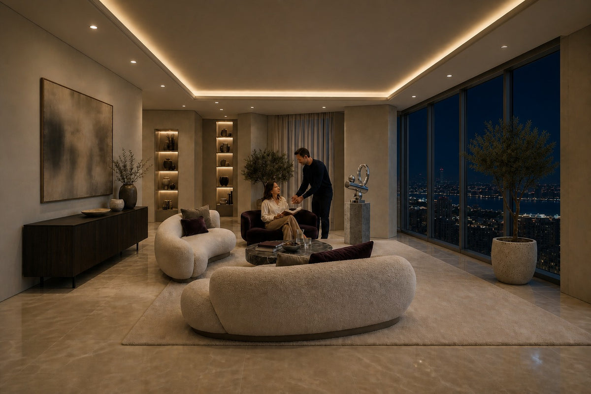 Mintaka — mirror chrome balancing ring and cylinder sculpture, the same room at night, lamps on