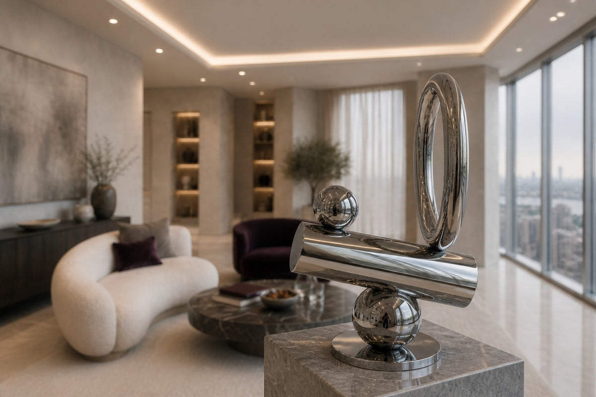Mintaka — mirror chrome balancing ring and cylinder sculpture, close view in the room