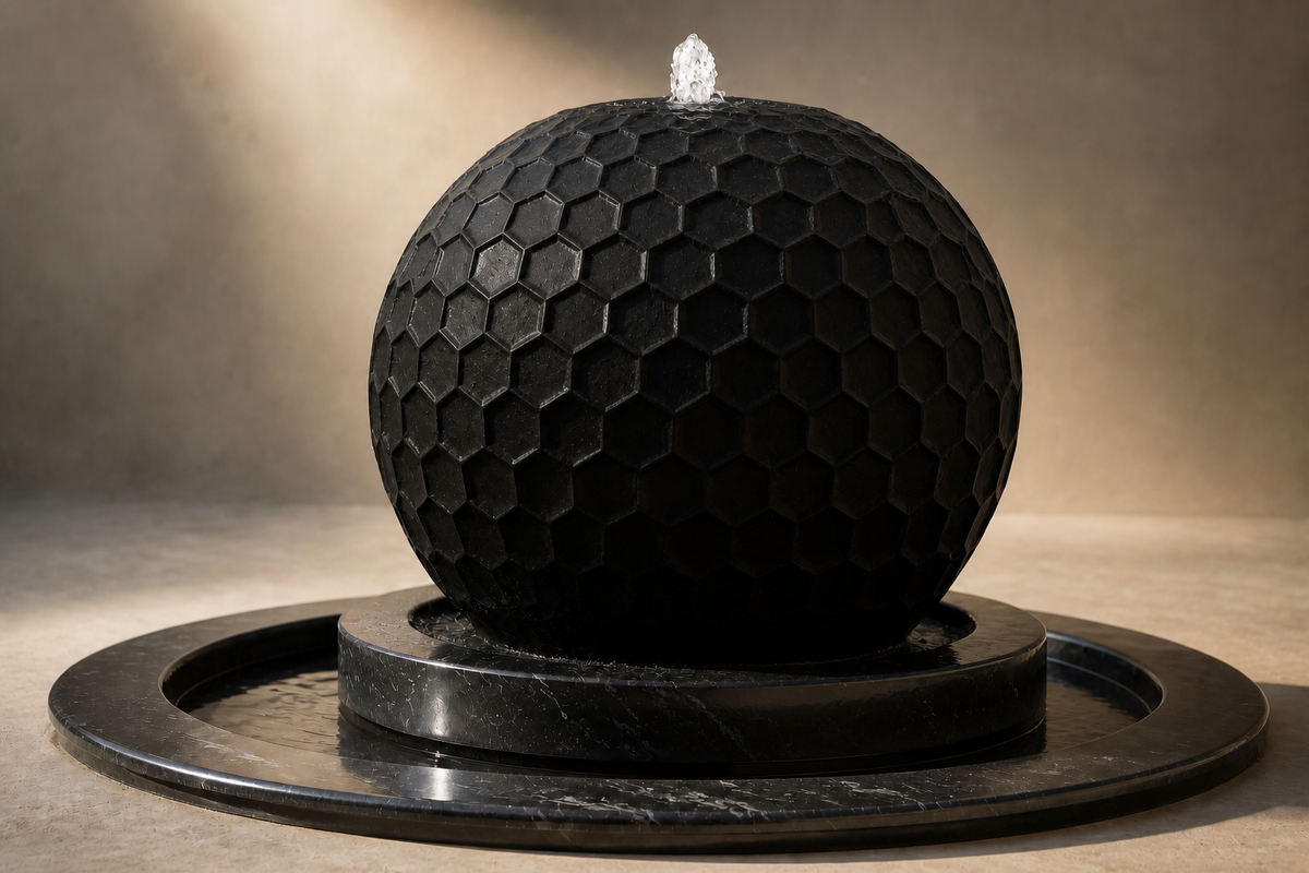 Mira stone sphere fountain, three-quarter studio view showing its profile and base