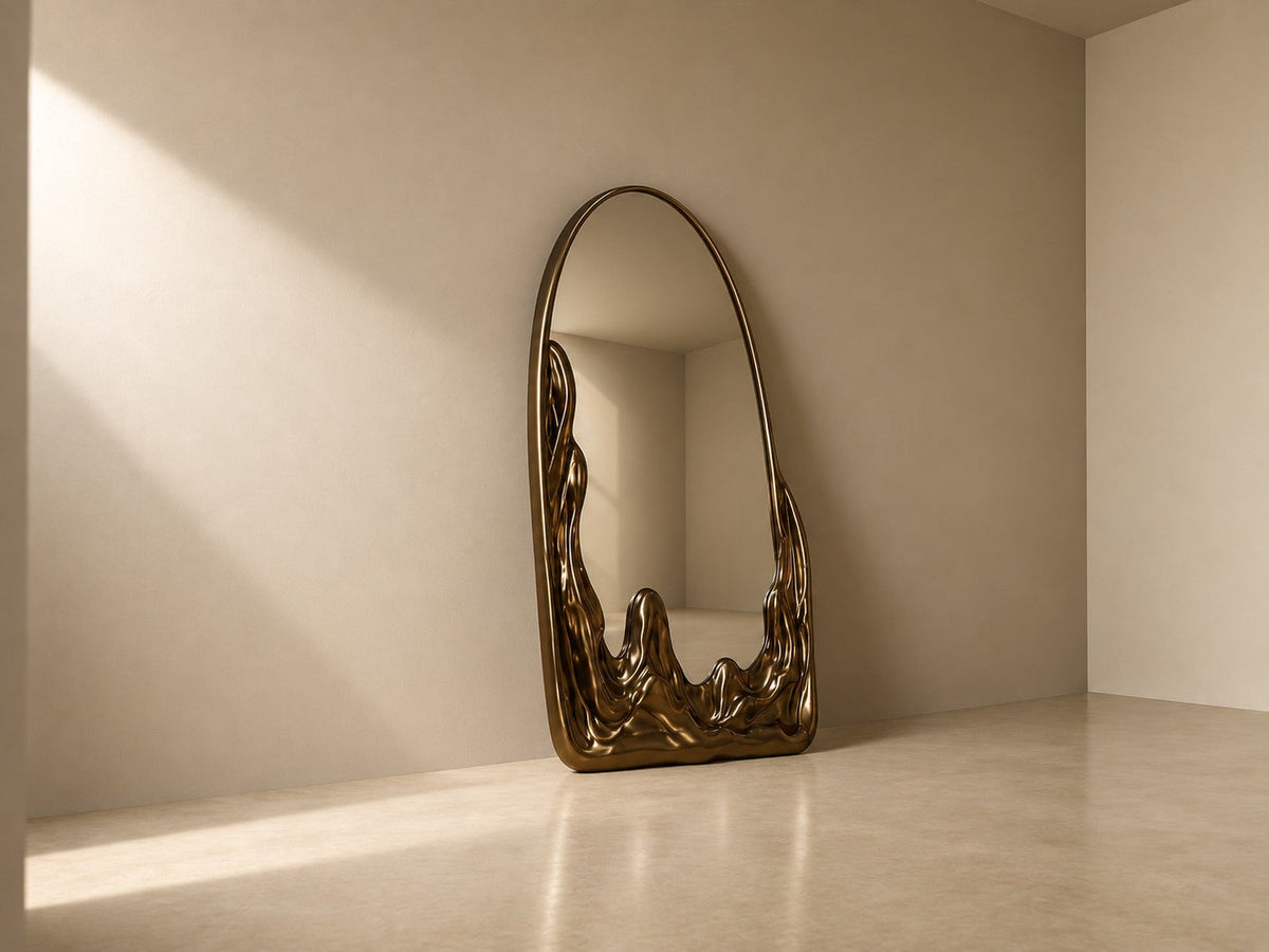Miraggio — 110 × 200 cm tall arched standing mirror with a dark bronze frame melting at the base, three-quarter studio view showing its profile