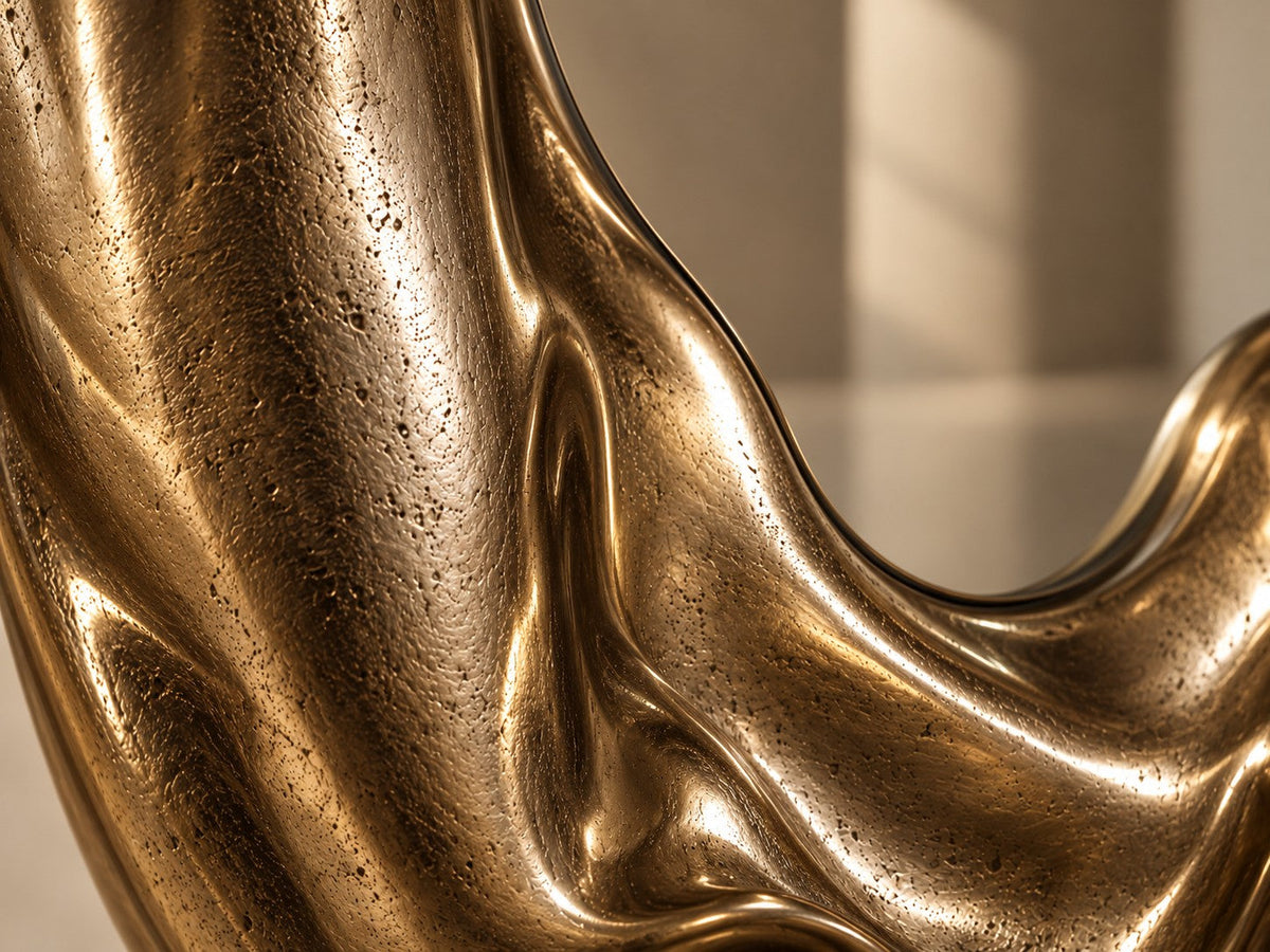 Miraggio — 110 × 200 cm tall arched standing mirror with a dark bronze frame melting at the base, close studio detail of the surface and material