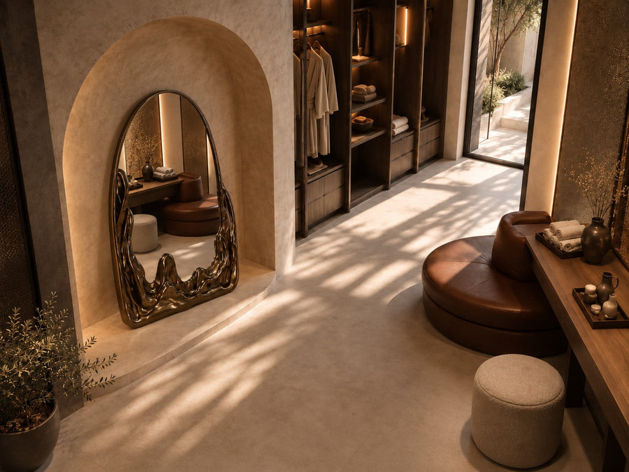 Miraggio — 110 × 200 cm tall arched standing mirror with a dark bronze frame melting at the base, seen from above in the room