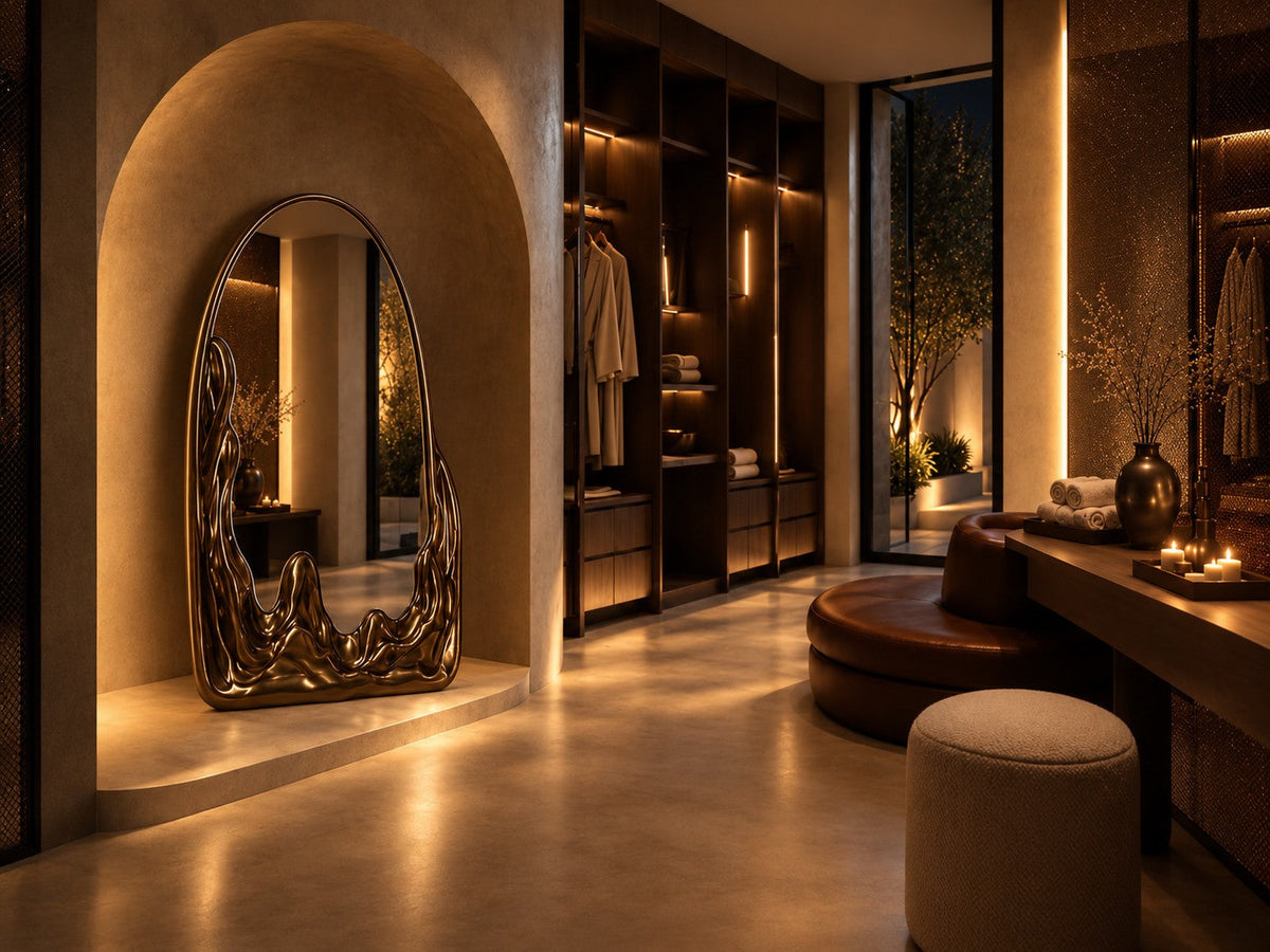 Miraggio — 110 × 200 cm tall arched standing mirror with a dark bronze frame melting at the base, the same room at night, lamps on