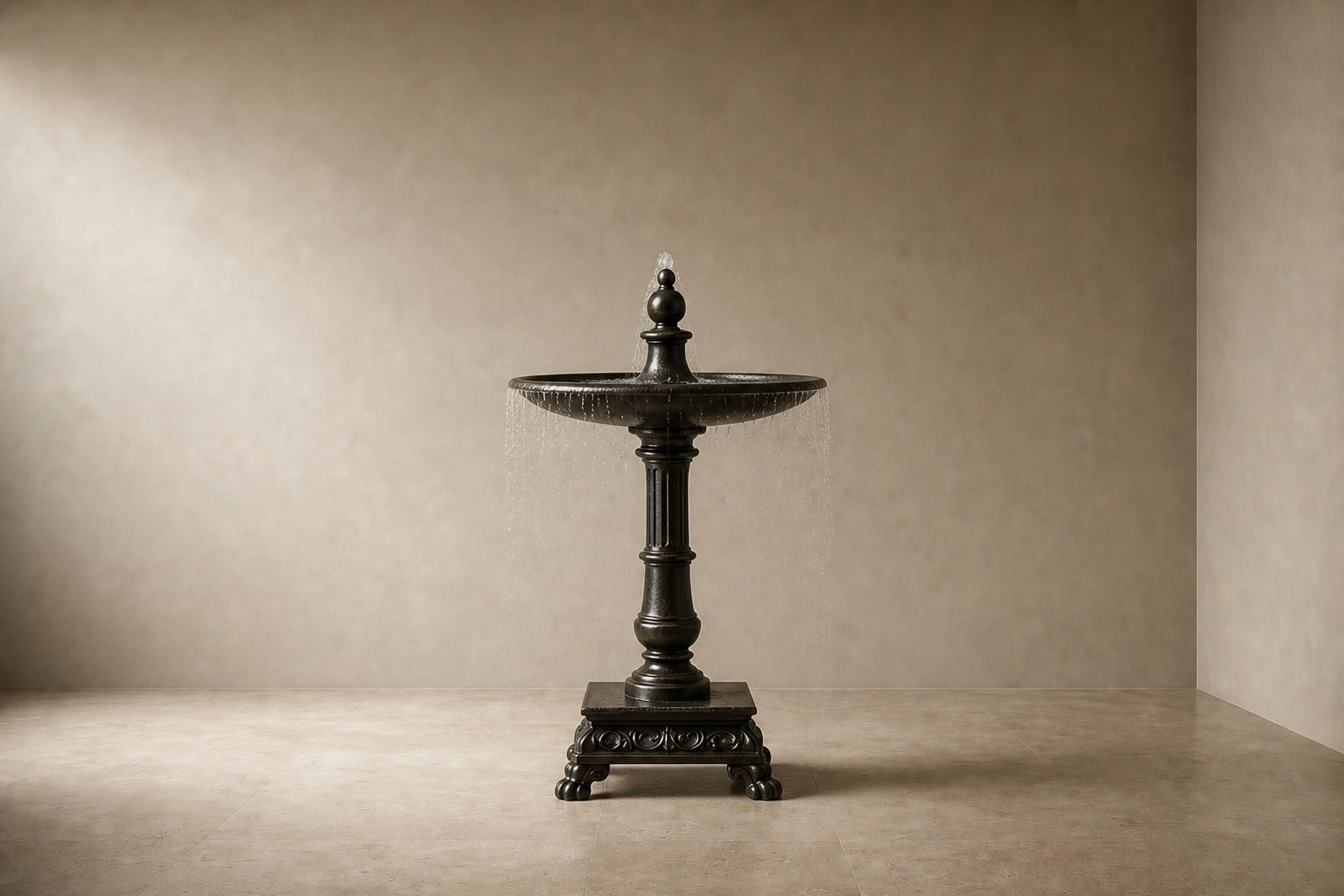 Stone pedestal fountain Mirala Ø65, dark charcoal, on a pale stone floor.