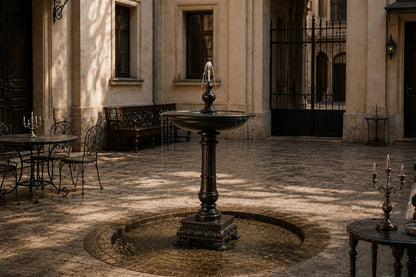 Stone pedestal fountain Mirala Ø65, dark charcoal, on a pale stone floor.