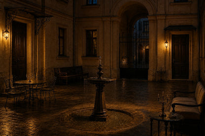 Stone pedestal fountain Mirala Ø65, dark charcoal, on a pale stone floor.