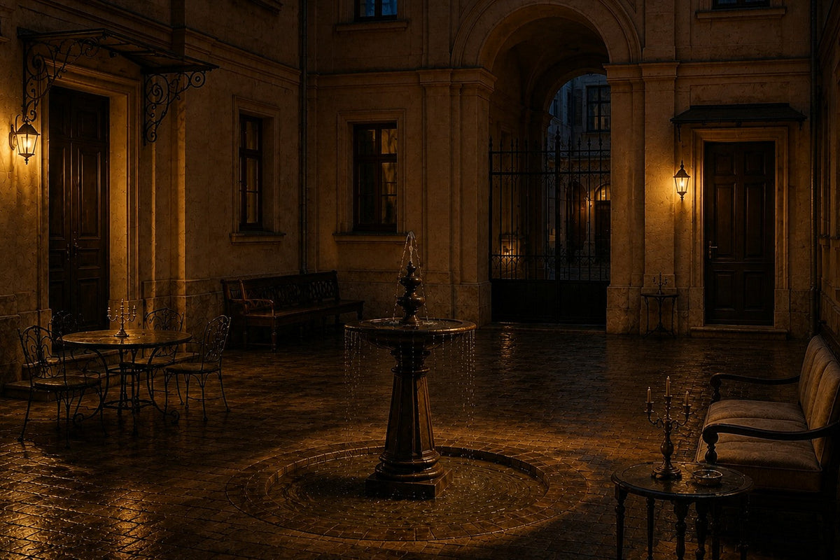 Mirala Ø65 stone pedestal fountain, lit after dark, the falling water catching the light