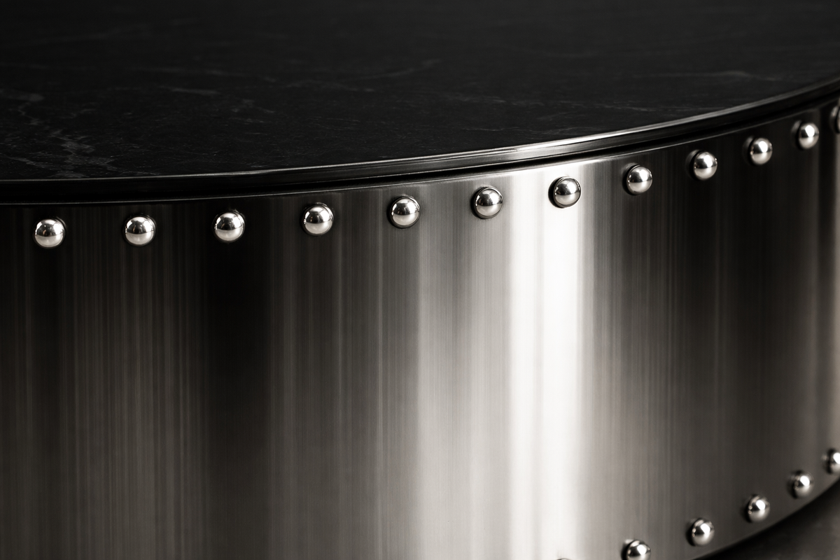 Mirror Stainless Drum Base black marble plinth base by 1-OPH, surface detail