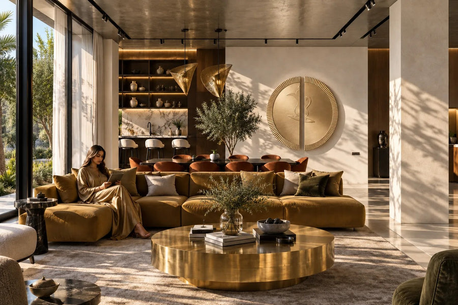 Mitad — Ø 200 cm brushed brass circular wall relief split into two offset fluted halves, placed in a furnished room