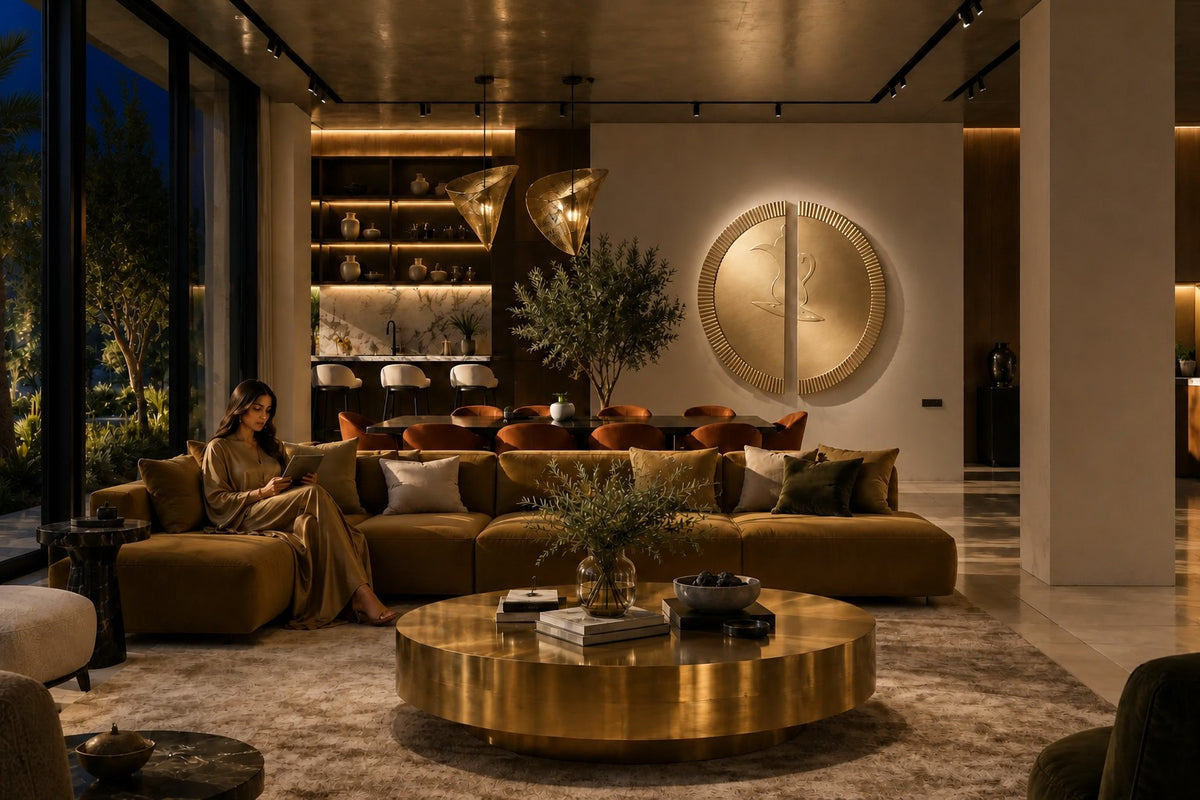 Mitad — Ø 200 cm brushed brass circular wall relief split into two offset fluted halves, the same room at night, lamps on