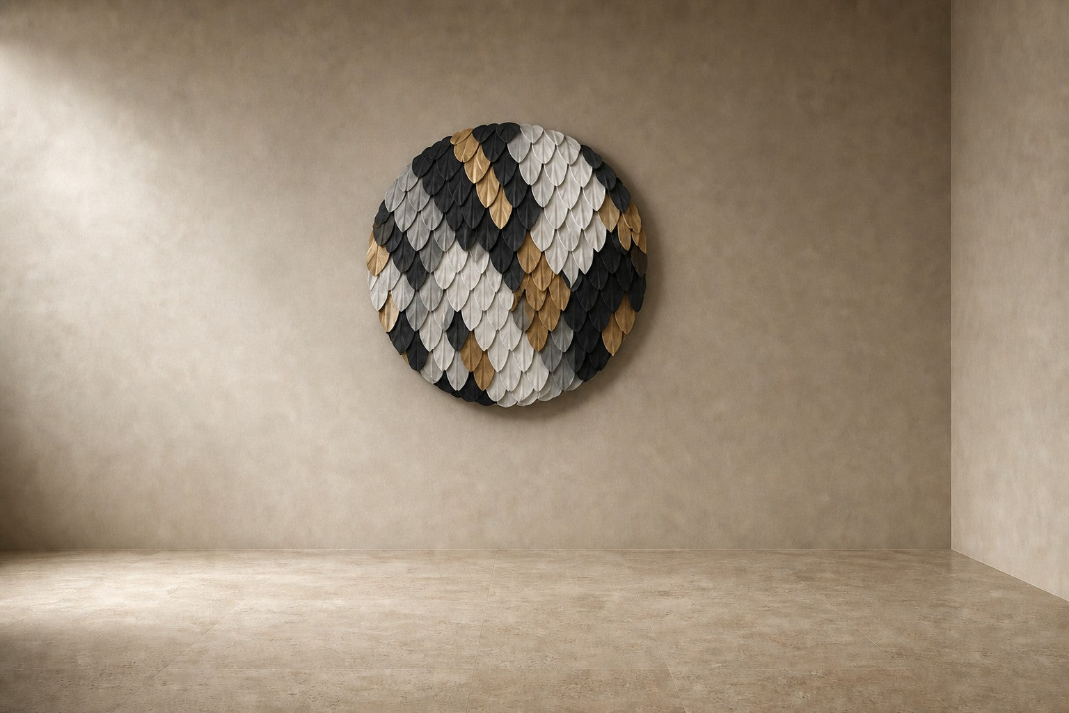 Brass and graphite brass wall sculpture Bilancia, two spun discs set to counterweight across a turned pivot, on a plaster wall.