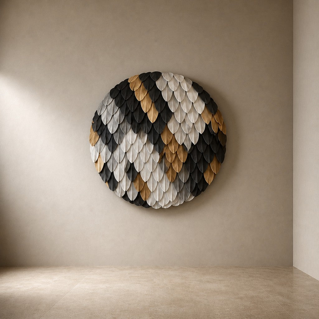Brass and graphite brass wall sculpture Bilancia, two spun discs set to counterweight across a turned pivot, on a plaster wall.