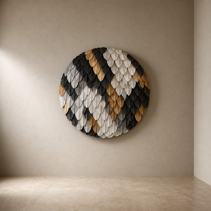 Brass and graphite brass wall sculpture Bilancia, two spun discs set to counterweight across a turned pivot, on a plaster wall.
