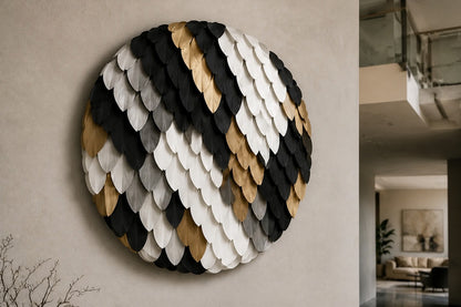Brass and graphite brass wall sculpture Bilancia, two spun discs set to counterweight across a turned pivot, on a plaster wall.