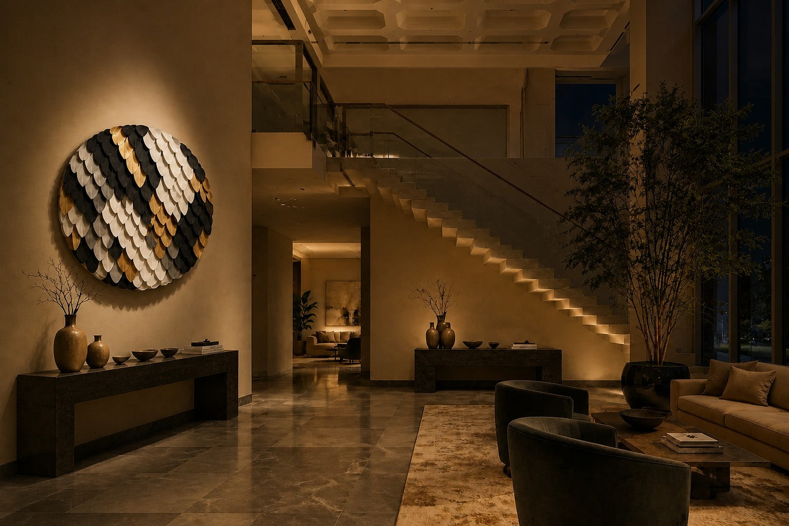 Brass and graphite brass wall sculpture Bilancia, two spun discs set to counterweight across a turned pivot, on a plaster wall.