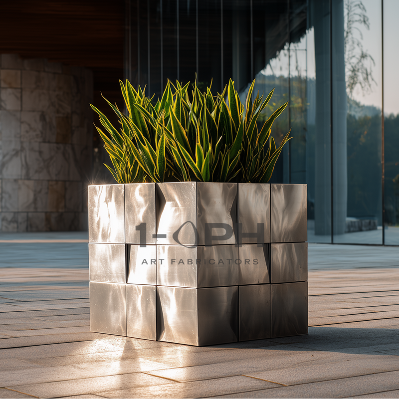 Moduluxe Cube Planter — Brushed Stainless Steel Architectural Planter