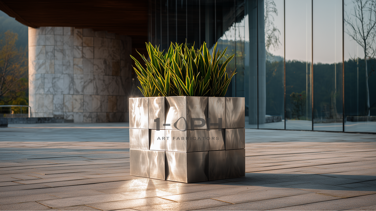 Moduluxe Cube Planter — Brushed Stainless Steel Architectural Planter