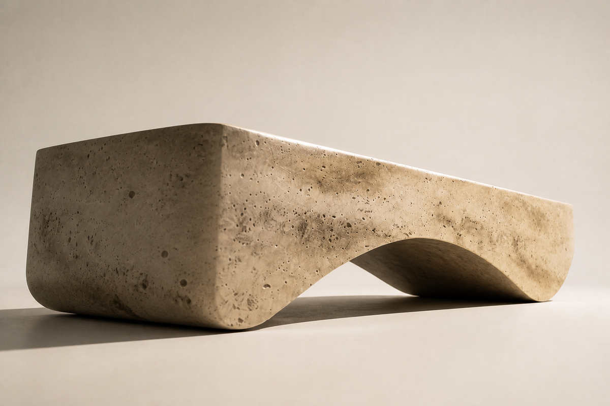 MONOLITH ARC BENCH I, three-quarter studio view showing its profile