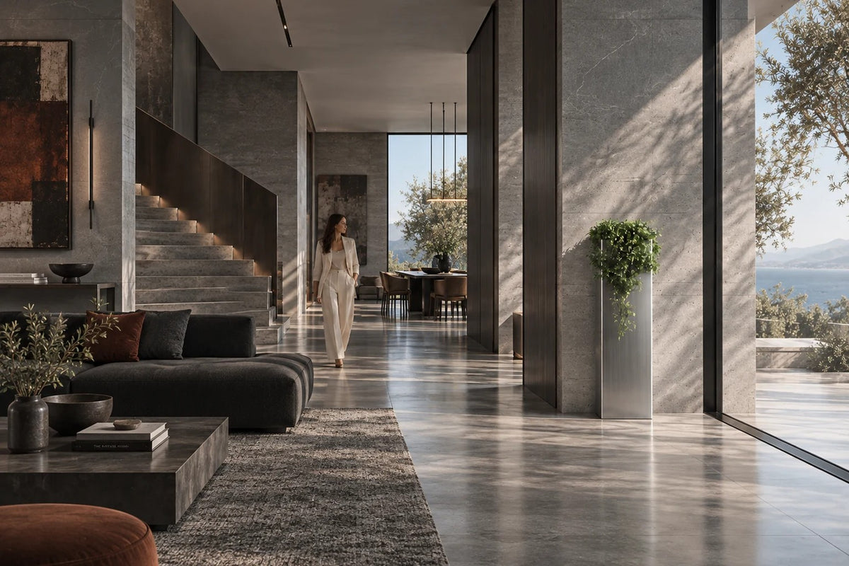 Monolith Brushed Stainless Steel Column Planter — 140 cm slim brushed stainless steel column planter with a trailing plant, placed in a furnished room