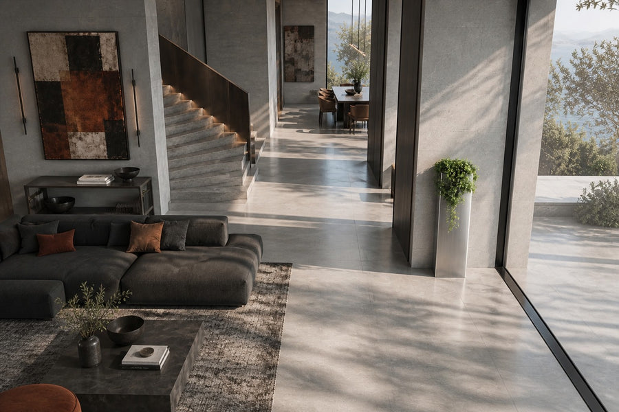 Monolith Brushed Stainless Steel Column Planter — 140 cm slim brushed stainless steel column planter with a trailing plant, seen from above in the room