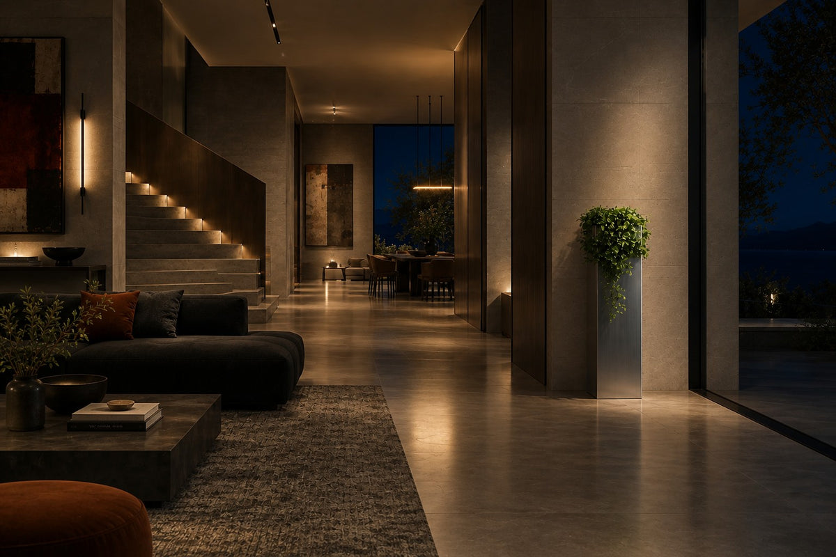 Monolith Brushed Stainless Steel Column Planter — 140 cm slim brushed stainless steel column planter with a trailing plant, the same room at night, lamps on