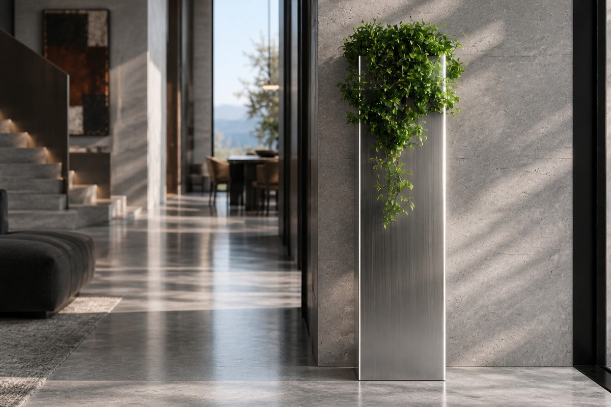 Monolith Brushed Stainless Steel Column Planter — 140 cm slim brushed stainless steel column planter with a trailing plant, close view in the room